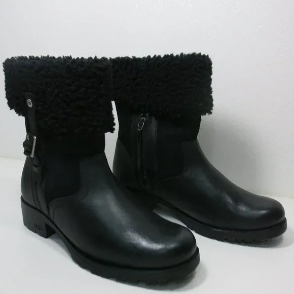 UGG Australia Black Bellevue 1914 Leather Shearling Zip Fold Over Moto Boots 7 - Picture 2 of 8